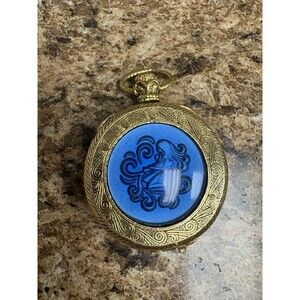 Vintage Gold Tone Perfume Compact Aquarius Locket Pendant No Chain